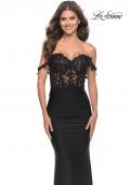 Picture of: Sheer Lace Bodice with Off the Shoulder Straps and Jersey Skirt Gown in Black, Style: 31314, Main Picture