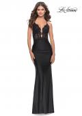Picture of: Lace Sheer Bodice Dress with Scallop Details and Ruched Skirt in Black, Style: 31336, Main Picture