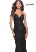 Picture of: Beaded Lace Long Dress with Illusion Bodice in Black, Style: 31359, Main Picture