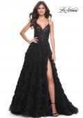 Picture of: Ruffle A-Line Dress with Ruched Bodice and Sequin Lace Applique in Black, Style: 32108, Main Picture