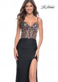 Picture of: Fitted Jersey Prom Dress with Sequin Lace Illusion Bodice in Black, Style: 32133, Main Picture