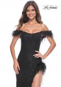 Picture of: Rhinestone Fishnet Dress with Feather Off the Shoulder Straps and Slit in Black, Style: 32151, Main Picture