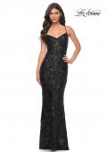 Picture of: Black Print Sequin Stretch Dress with Lace Up Back in Black, Style: 32415, Main Picture