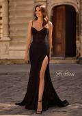 Picture of: Stretch Satin Prom Dress with Eyelet Detail Neckline in Black , Style 32671, Main Picture