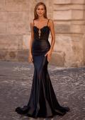 Picture of: Fitted Satin Mermaid Gown with Lace Bodice and Deep V in Black , Style 32916, Main Picture