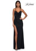 Picture of: Criss Cross Ruched Evening Dress with High Slit and Lace Up Back in Black , Style: 33115, Main Picture