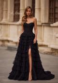Picture of: Strapless Tiered Ruffle Gown with Pleated Bodice and Front Slit in Black, Style: 33202, Main Picture