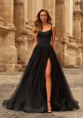 Picture of: Beaded Lace Corset Gown with Sheer Tulle Skirt and Slit in Black, Style: 33499, Main Picture