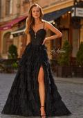 Picture of: Tiered Lace A-Line Gown with Corset Bodice and Slit in Black, Style: 33525, Main Picture