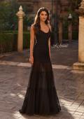 Picture of: Ruched Mesh Gown with Sheer Tiered Skirt and Strappy Back in Black, Style: 33782, Main Picture