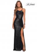 Picture of: HIgh Neck Sequin Gown with Open Back and Slit in Black, Style: 28529, Detail Picture 8