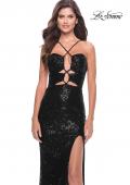 Picture of: Stretch Sequin Dress with Unique Front Cut Outs in Black, Style: 31549, Style: 31549