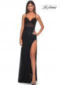 Picture of: Rhinestone Embellished Fitted Dress with Illusion Bustier Top in Black, Style: 31701, Detail Picture 8