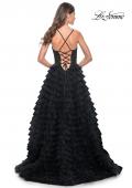 Picture of: Ruffle Tulle Prom Gown with Illusion Lace Bodice and High Slit in Black, Style: 32128, Detail Picture 8