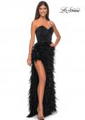 Picture of: Feather Prom Gown with High Slit and Full Rhinestone Strapless Bodice in Black, Style: 32165, Detail Picture 8