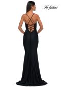 Picture of: Lace and Jersey Dress with Ruched Skirt and V Neckline in Black, Style: 32217, Detail Picture 8