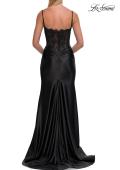 Picture of: Lace and Satin Fitted Gown with High Slit and Spaghetti Straps in Black, Style: 33325, Detail Picture 8