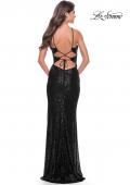 Picture of: Stretch Sequin Dress with Unique Front Cut Outs in Black, Style: 31549, Style: 31549