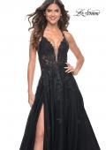 Picture of: A-Line Tulle Dress with Rhinestone Embellished Lace Applique in Black, Style: 32022, Detail Picture 9