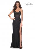 Picture of: Fitted Jersey Dress with Fishnet Rhinestone Illusion Bustier Top in Black, Style: 32230, Detail Picture 9
