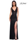 Picture of: Long Stretch Lace Prom Dress with Illusion Corset Waist in Black , Style 32943, Detail Picture 9