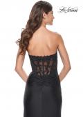 Picture of: Ruched Jersey Skirt with Lace Illusion Top and Rhinestone Prom Dress in Black, Style: 32011, Detail Picture 10
