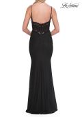 Picture of: Ruched Jersey Gown with Beaded Bodice and High Slit in Black, Style: 33665, Detail Picture 10