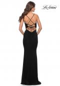 Picture of: Net Jersey Gown with Jeweled Detail in Deep V Neckline in Black, Style: 31114, Detail Picture 11