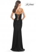 Picture of: Intricate Lace Up Back Jersey Gown with Ruching in Black, Style: 31330, Style: 31330