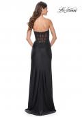 Picture of: Ruched Jersey Skirt with Lace Illusion Top and Rhinestone Prom Dress in Black, Style: 32011, Detail Picture 11