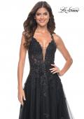 Picture of: A-Line Tulle Dress with Rhinestone Embellished Lace Applique in Black, Style: 32022, Detail Picture 11