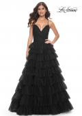 Picture of: A-Line Ruffle Tulle Gown with High Slit and Lace Up Back in Black, Style: 32086, Detail Picture 11