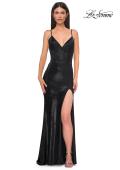 Picture of: Fitted Metallic Jersey Prom Dress with Corset Style Top in Black , Style 32877, Detail Picture 11