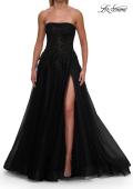 Picture of: Strapless A-Line Gown with Embroidered Corset and Slit in Black, Style: 33528, Detail Picture 11