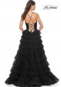 Picture of: A-Line Ruffle Tulle Gown with High Slit and Lace Up Back in Black, Style: 32086, Detail Picture 12