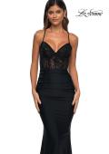 Picture of: Lace and Jersey Dress with Ruched Skirt and V Neckline in Black, Style: 32217, Detail Picture 13