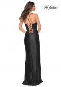 Picture of: Stretch Satin Gown with Bustier Top and Lace Up Back in Black, Style: 32264, Detail Picture 13
