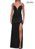 Picture of: Fitted Satin Gown with Plunging Neckline and Strappy Back in Black, Style: 33423, Detail Picture 13