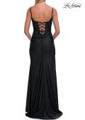 Picture of: Cowl Neck Fitted Gown with Slit and Lace-Up Back in Black, Style: 33365, Detail Picture 14