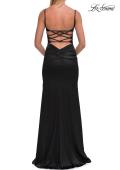 Picture of: Fitted Satin Gown with Plunging Neckline and Strappy Back in Black, Style: 33423, Detail Picture 14