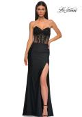 Picture of: Evening Dress with Illusion Strapless Bodice and Lace Applique in Black , Style 32912, Detail Picture 15