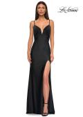 Picture of: Stretch Jersey Prom Dress with Ruched Waist and V Neckline in Black , Style 32938, Detail Picture 15