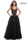 Picture of: Ruffle Tulle Prom Gown with Illusion Lace Bodice and High Slit in Black, Style: 32128, Detail Picture 16