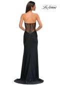 Picture of: Evening Dress with Illusion Strapless Bodice and Lace Applique in Black , Style 32912, Detail Picture 16