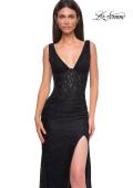 Picture of: Long Stretch Lace Prom Dress with Illusion Corset Waist in Black , Style 32943, Detail Picture 16