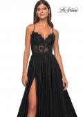 Picture of: A-Line Tulle Gown with Scallop Detail Bodice and Lace Applique in Black, Style: 32028, Detail Picture 17
