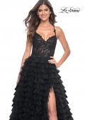 Picture of: Ruffle Tulle Prom Gown with Illusion Lace Bodice and High Slit in Black, Style: 32128, Detail Picture 17