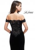 Picture of: Long Velvet Off the Shoulder Gown with Lace Detail in Black, Style: 25591, Back Picture