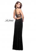 Picture of: Long Strapless Velvet Prom Gown with Cascading Beads in Black, Style: 26239, Back Picture