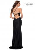 Picture of: Stretch Lace Dress with Ruffle Skirt Detail and Slit in Black, Style 29650, Back Picture